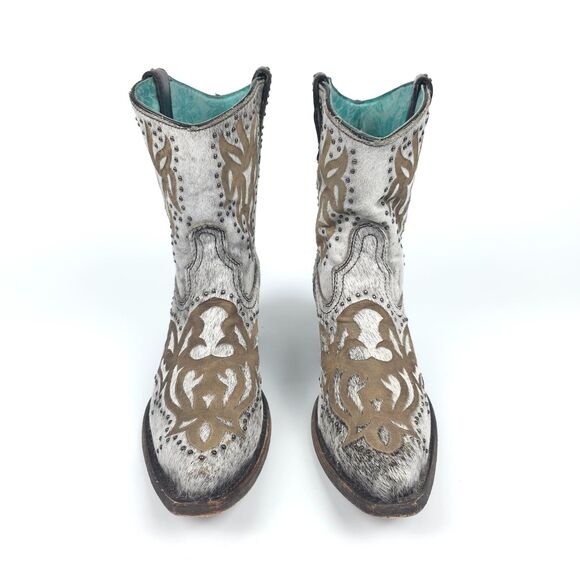 CORRAL Grey Fur Laser Studs Shortie Leather Boots Western Boho Cowgirl Rodeo 9.5 - Picture 6 of 12